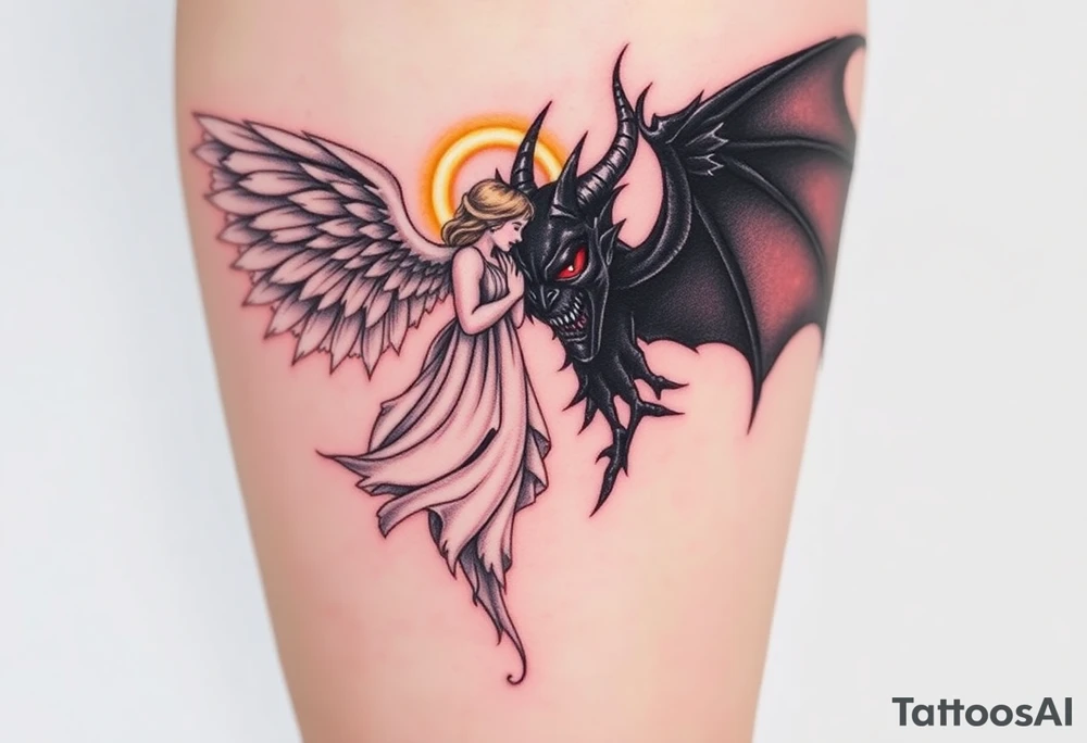 A radiant angel, with soft white wings and a glowing halo, surrounded by light, juxtaposed against a dark demon, with jagged black wings and fiery red eyes, symbolizing the ultimate conflict between good and evil. tattoo idea