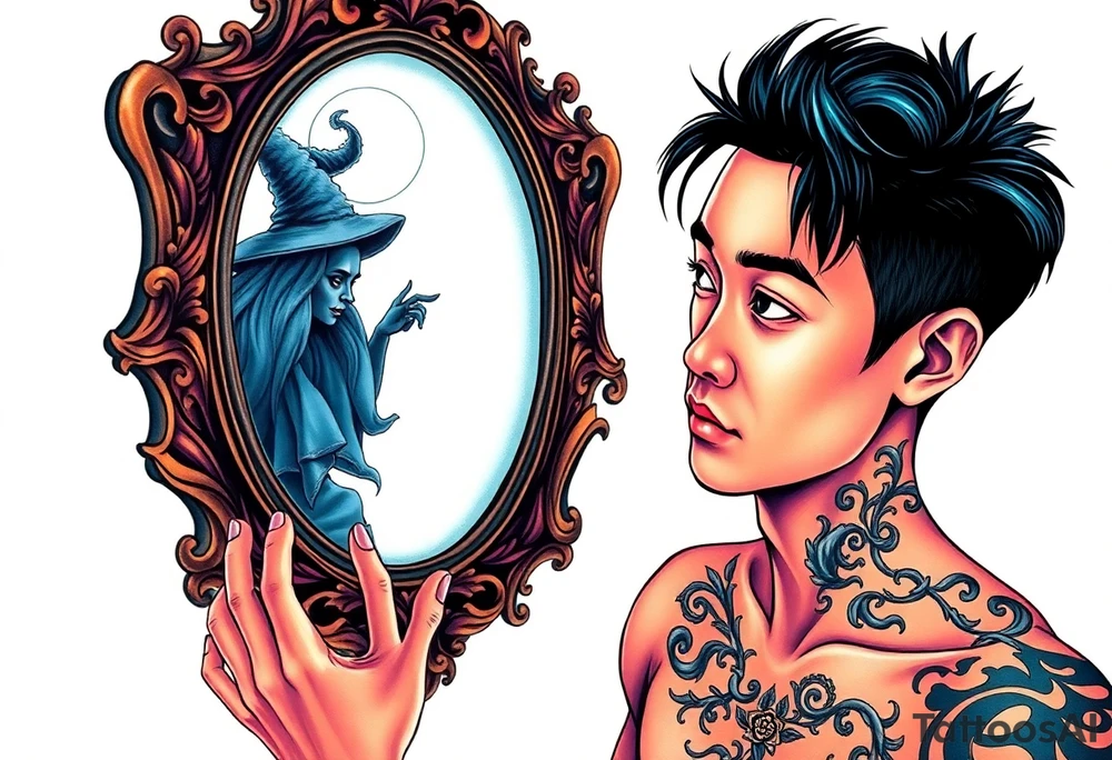 Handsome Asian young guy is looking in cursed mirror and see a witch tattoo idea