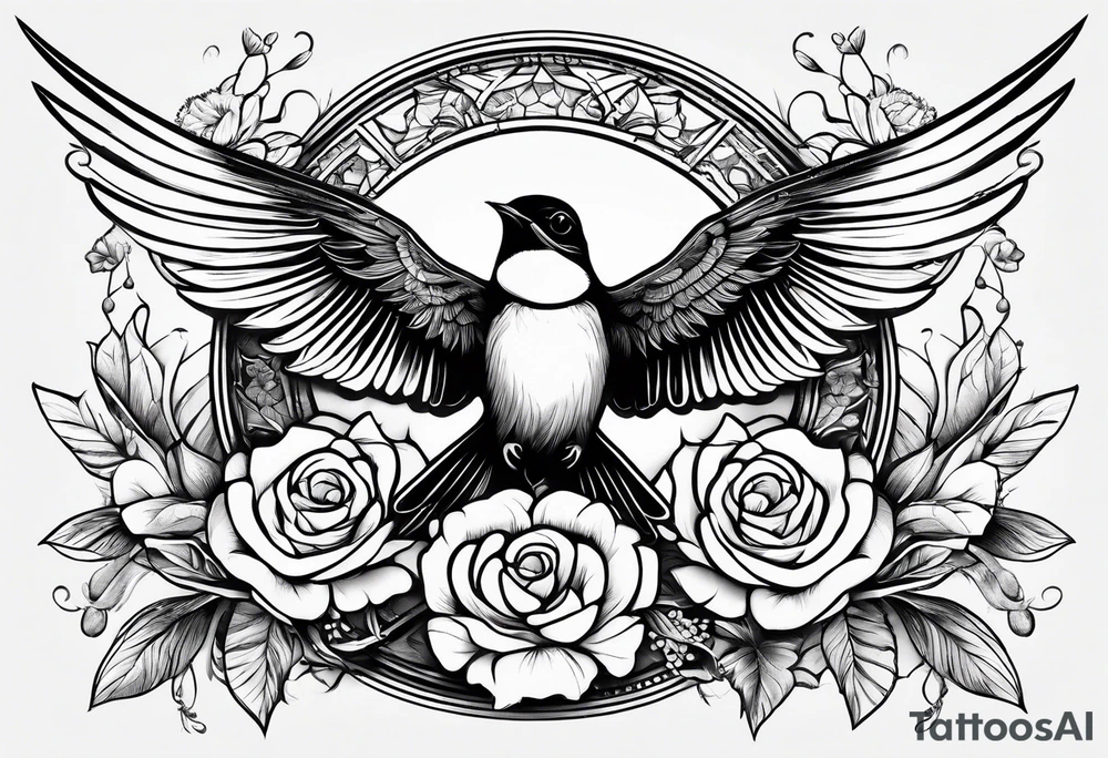 swallows with architectural elements and a floral or botanical design tattoo idea