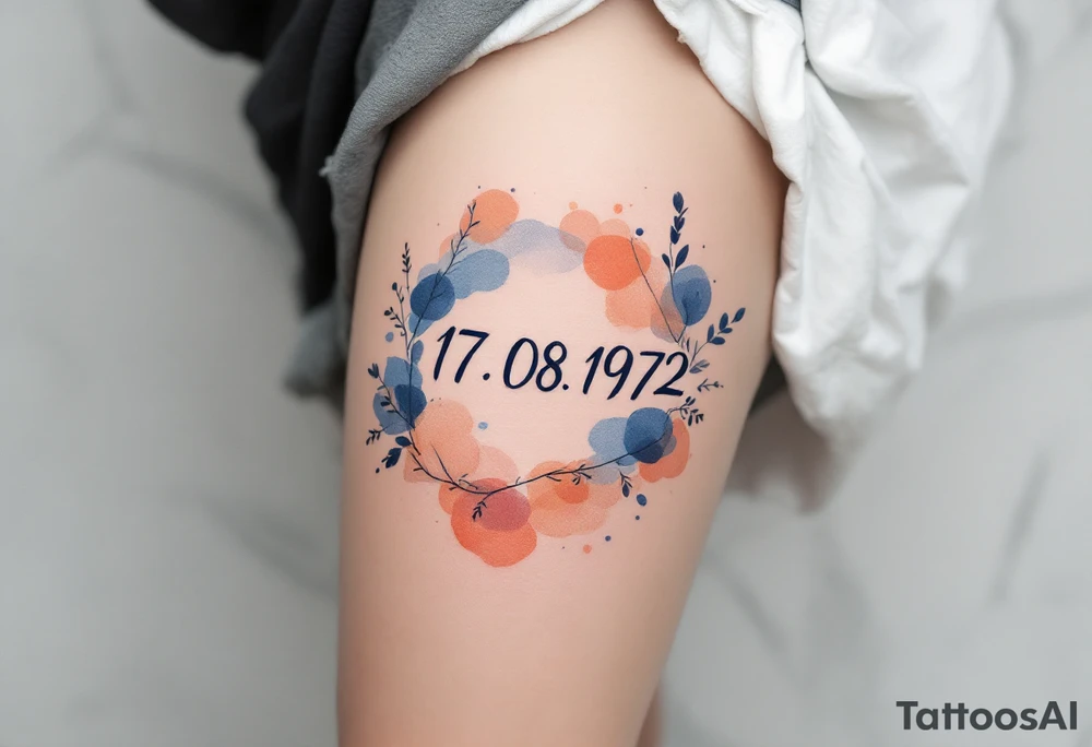 Artistic 17.08.1972 in watercolor style, blending indigo and peach tones around the date. tattoo idea