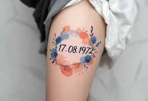 Artistic 17.08.1972 in watercolor style, blending indigo and peach tones around the date. tattoo idea