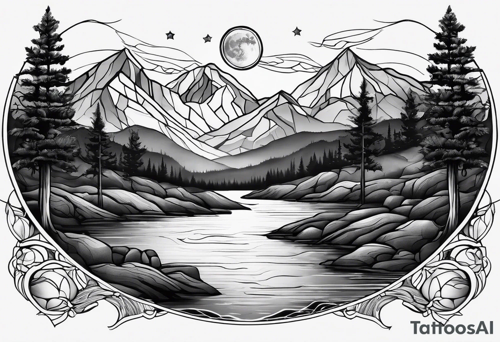 nature with mountains, waterfall, water, and a family of three in the background and and moon/sun in the sky with stars tattoo idea
