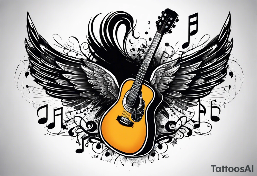 Microphone and musical notes and guitar and wings and female tattoo idea