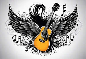 Microphone and musical notes and guitar and wings and female tattoo idea