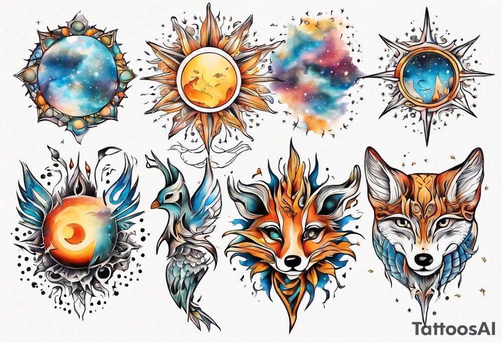 fisch, fuchs und eule , symetrie  sonne, universum, bunt, " sapere aude" tattoo idea