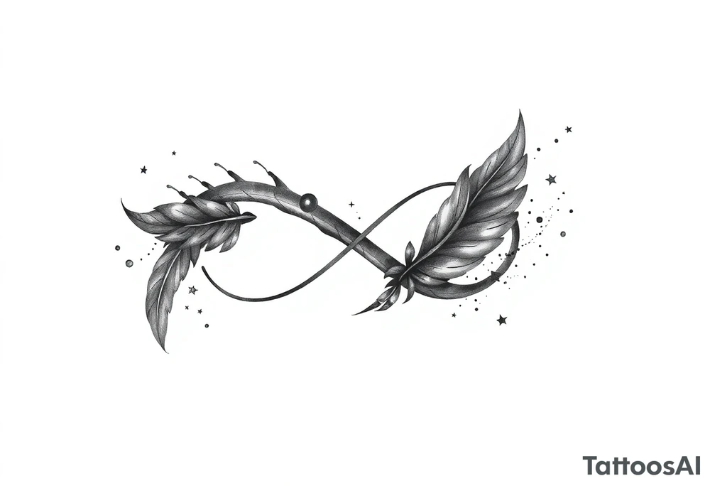 infinity symbol woven with floating feathers and stardust tattoo idea