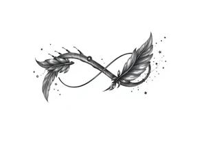 infinity symbol woven with floating feathers and stardust tattoo idea