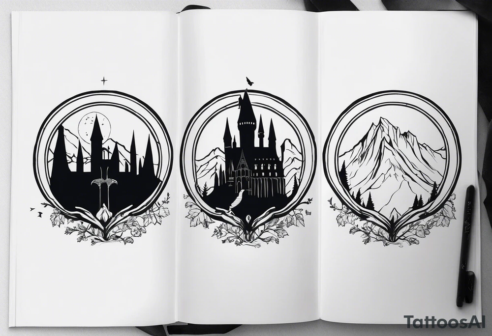 Lord of the rings main with Harry Potter mashup but clear independent visual symbolism of both movies. Small and minimal. Movies not books tattoo idea