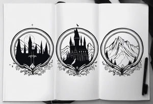 Lord of the rings main with Harry Potter mashup but clear independent visual symbolism of both movies. Small and minimal. Movies not books tattoo idea