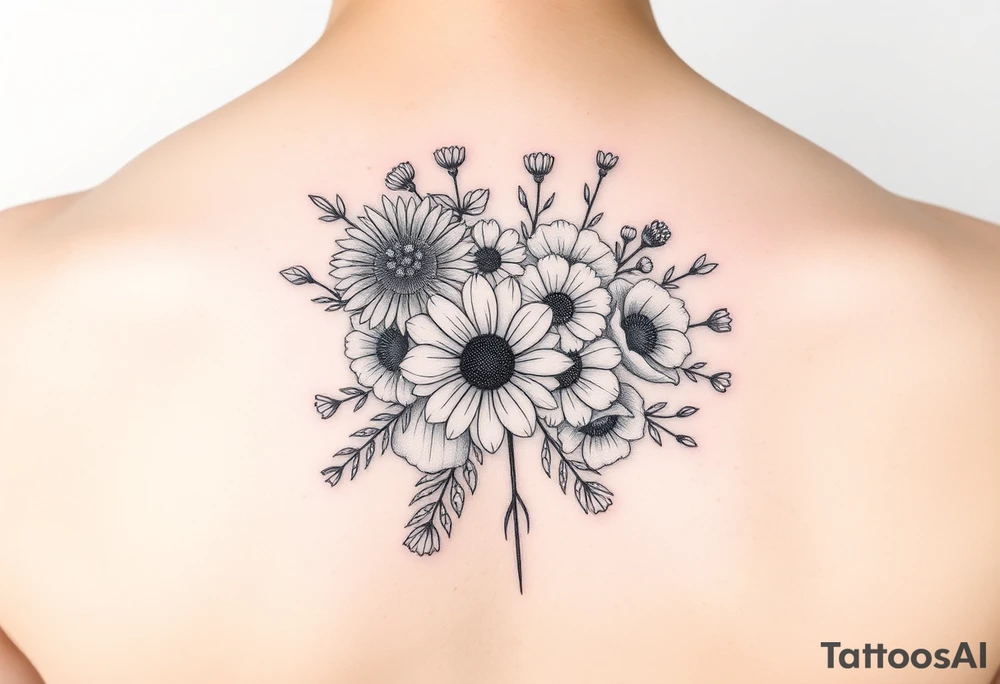 Flower bouquet with Chrysanthemums, poppy’s and violets tattoo idea