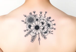 Flower bouquet with Chrysanthemums, poppy’s and violets tattoo idea
