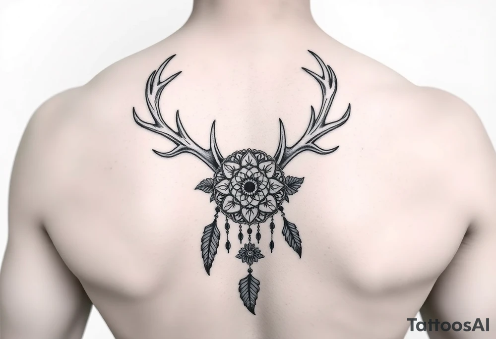 Deer antlers with dreamcatcher and Flower tattoo idea