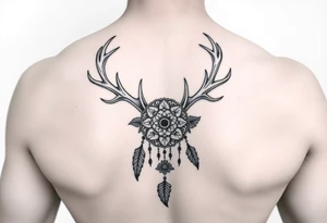 Deer antlers with dreamcatcher and Flower tattoo idea