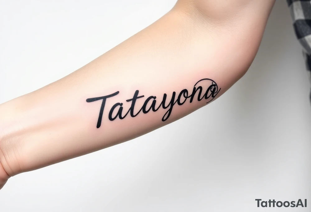 Forearm tattoo for a man using the name “Tatayana” Starting from the wrist, stretching to the elbow with the sun and moon tattoo idea