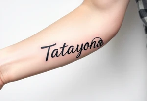 Forearm tattoo for a man using the name “Tatayana” Starting from the wrist, stretching to the elbow with the sun and moon tattoo idea