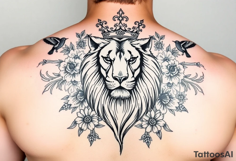 powerful majestic lion with a crown, surrounded by floral ornaments and birds tattoo idea