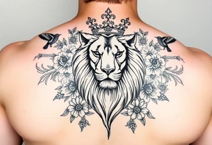 powerful majestic lion with a crown, surrounded by floral ornaments and birds tattoo idea