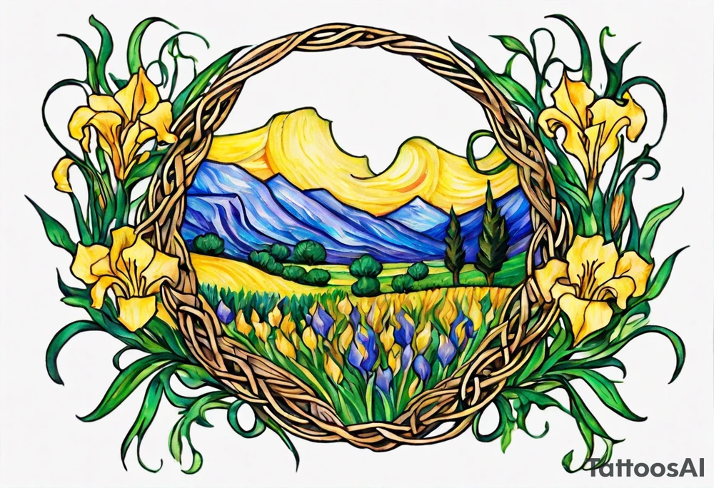 Create a small, colorful Vincent van Gogh Irises tattoo in the form of a crescent, with vines in Celtic knot style gracefully intertwining at a central point in the middle of the wreath. The intended placement is on the upper chest. The middle needs mountains. The overall design should be small in size while maintaining a delicate and artistic aesthetic. Pay attention to the graceful flow of the vines and the placement of the irises to achieve a refined and elegant look. tattoo idea