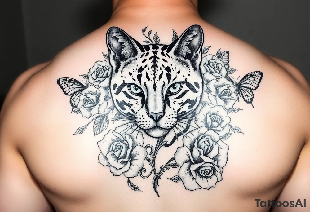 Elegant Burmese feline surrounded by rose ornaments and butterflies tattoo idea