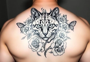 Elegant Burmese feline surrounded by rose ornaments and butterflies tattoo idea