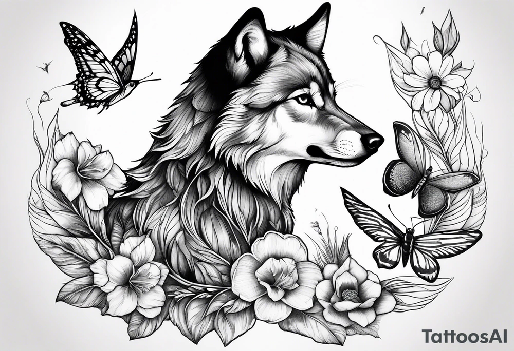 Wolf puppy, peacock feather, butterfly, narcissus flower, hummingbird tattoo idea