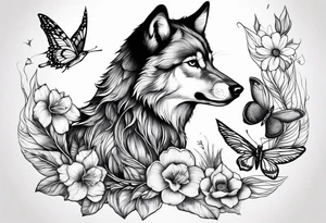 Wolf puppy, peacock feather, butterfly, narcissus flower, hummingbird tattoo idea