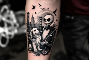 jack skellington with dog,smoking a blunt and fishing,surrounded by city buildings,golden gate bridge, birds, palm trees, tattoo idea