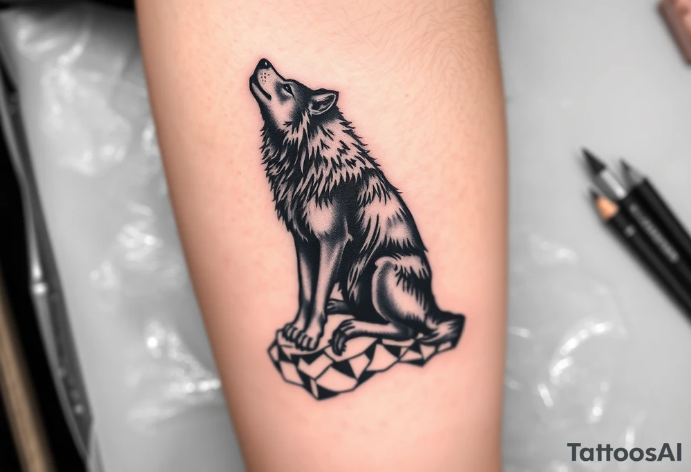 black wolf, sitting rooted waiting to be unleashed on lower leg tattoo idea
