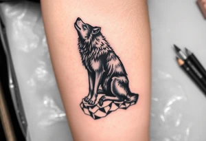 black wolf, sitting rooted waiting to be unleashed on lower leg tattoo idea