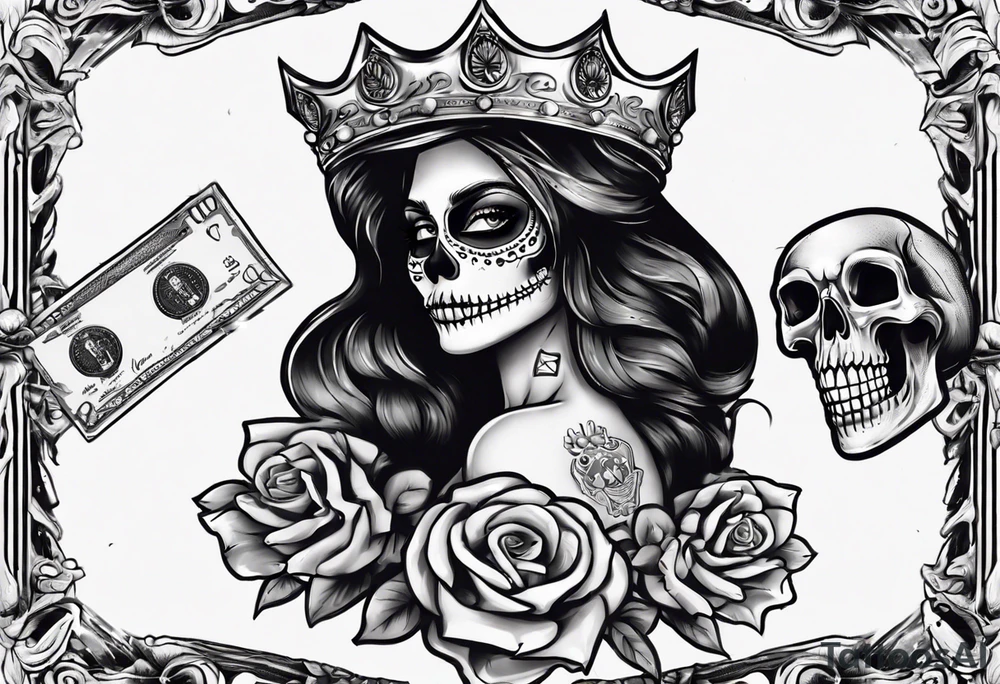 santa la muerta with money and crown
on the card tattoo idea