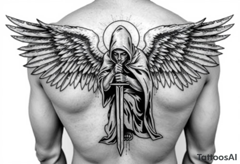 Soldier Angel with long sword kneeling looking down cloak over head wings spread tattoo idea tattoo idea