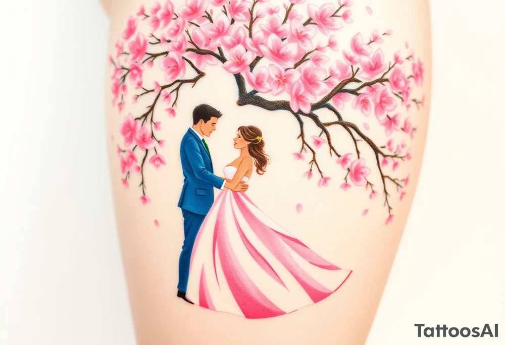 A watercolor-style bride and groom dancing under a soft pink cherry blossom tree, with delicate petals falling around them tattoo idea