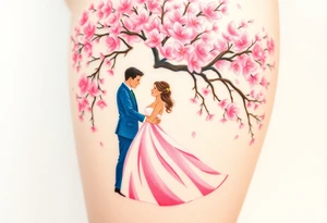 A watercolor-style bride and groom dancing under a soft pink cherry blossom tree, with delicate petals falling around them tattoo idea