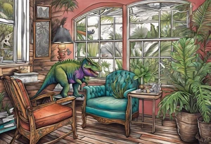 Realistic dinosaurs, reading and sitting on chairs, at small rustic tables, with lots of fronds tattoo idea