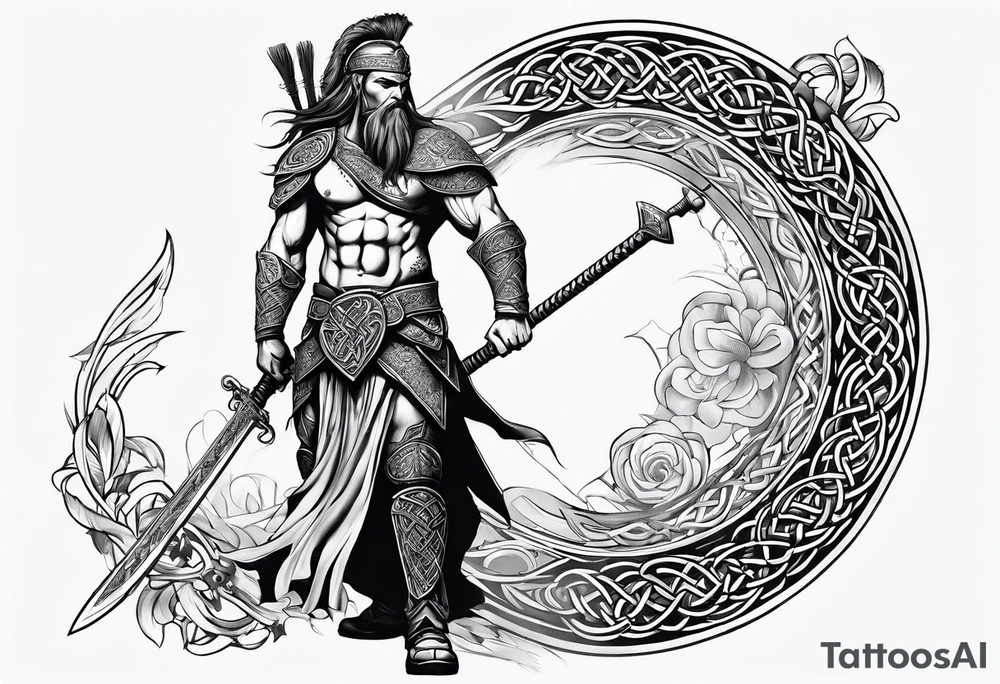 Full body side profile of a Celtic warrior with weapons tattoo idea