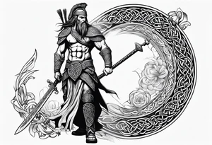 Full body side profile of a Celtic warrior with weapons tattoo idea