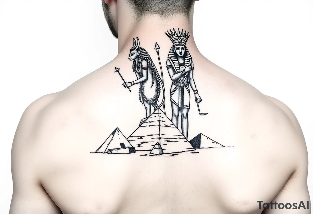 anubis and Isis standing over the pyramids tattoo idea