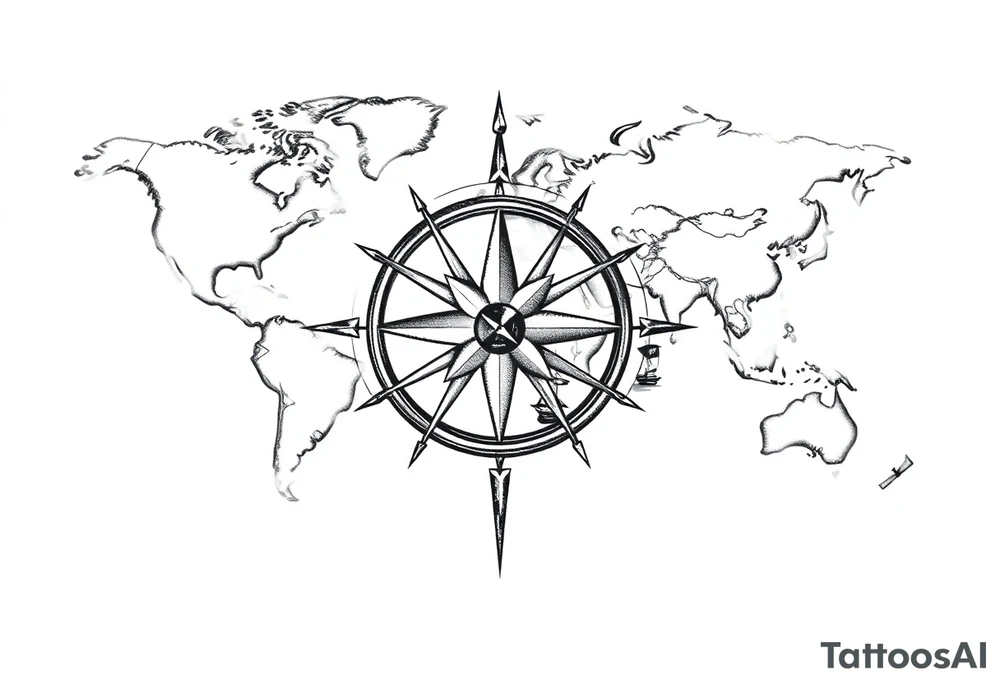 antique compass rose overlaid on weathered world map with sailing ships tattoo idea