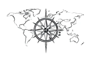 antique compass rose overlaid on weathered world map with sailing ships tattoo idea
