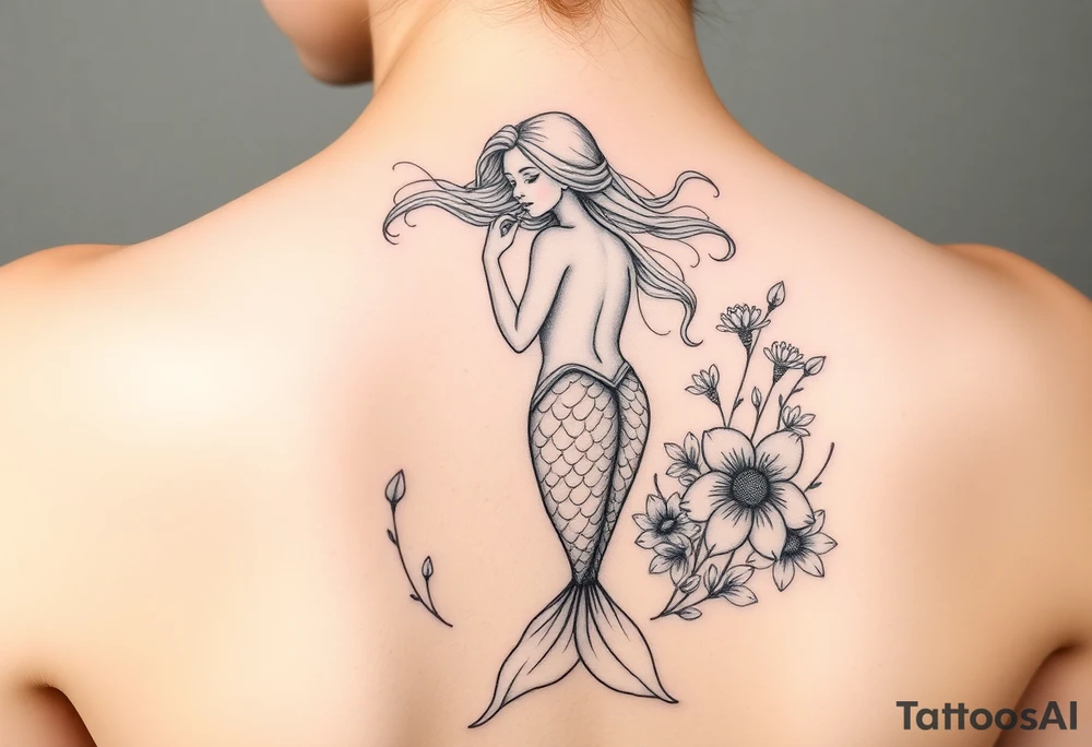 ethereal mermaid with flowing hair among coral and sea flowers tattoo idea