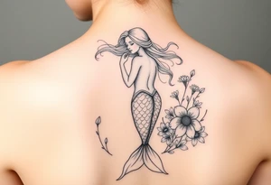 ethereal mermaid with flowing hair among coral and sea flowers tattoo idea