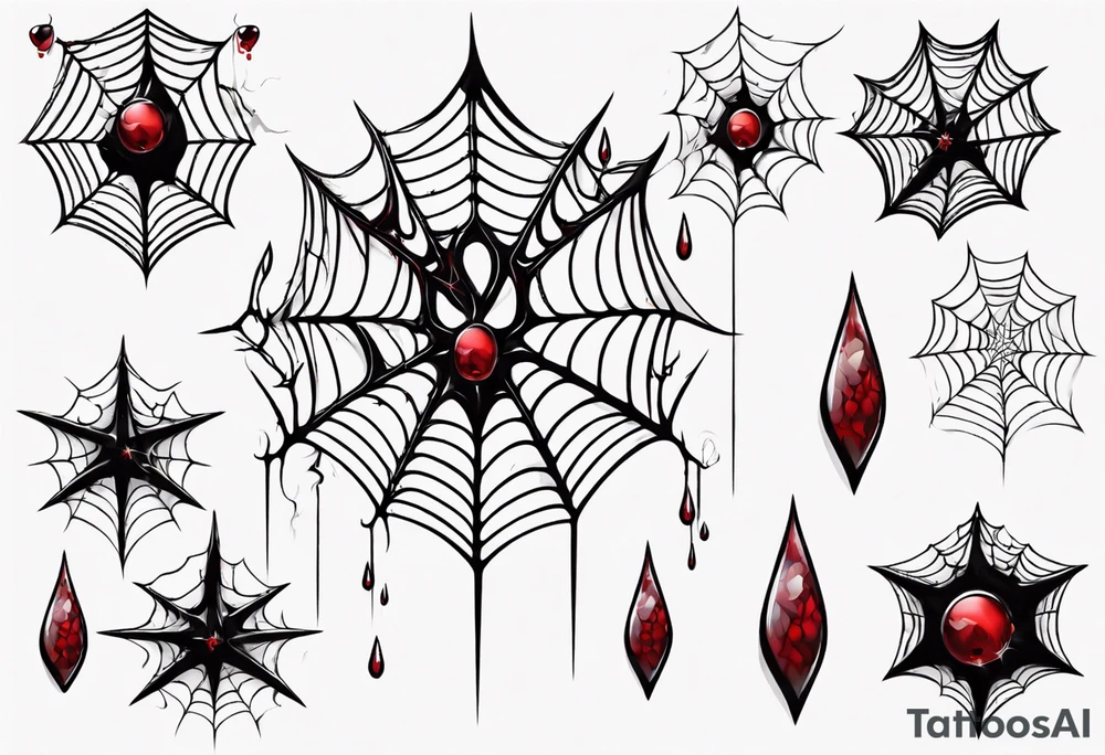 Jewel shaped tangled spiderweb with dragon horns and blood drops tattoo idea