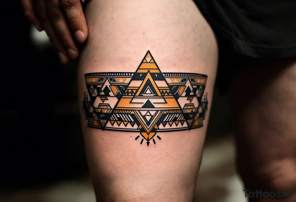 A brown and beige tipi with geometric tribal patterns along the canvas. tattoo idea