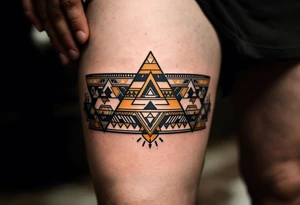 A brown and beige tipi with geometric tribal patterns along the canvas. tattoo idea