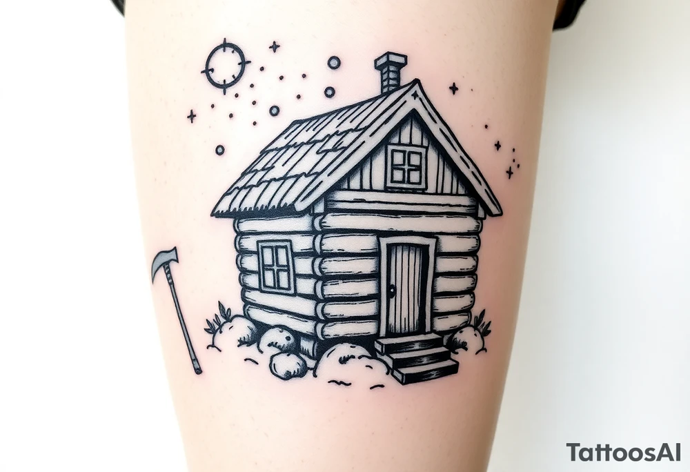 Tiny nordic house with cosmic sky and celestial details. With a pickaxe out the front of the house tattoo idea