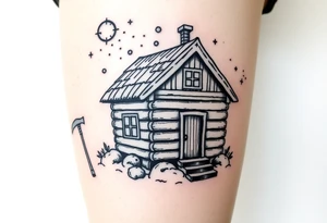 Tiny nordic house with cosmic sky and celestial details. With a pickaxe out the front of the house tattoo idea