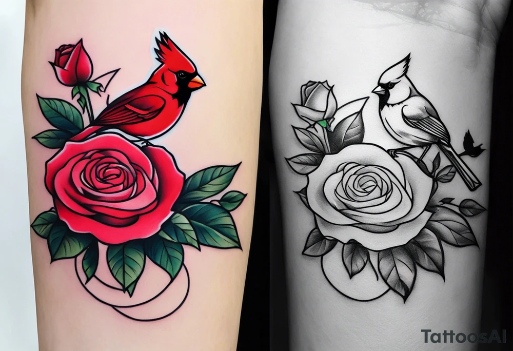 memorial forearm tattoo incorporating roses, a breast cancer ribbon and a cardinal into the tattoo tattoo idea