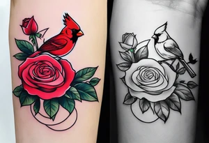 memorial forearm tattoo incorporating roses, a breast cancer ribbon and a cardinal into the tattoo tattoo idea