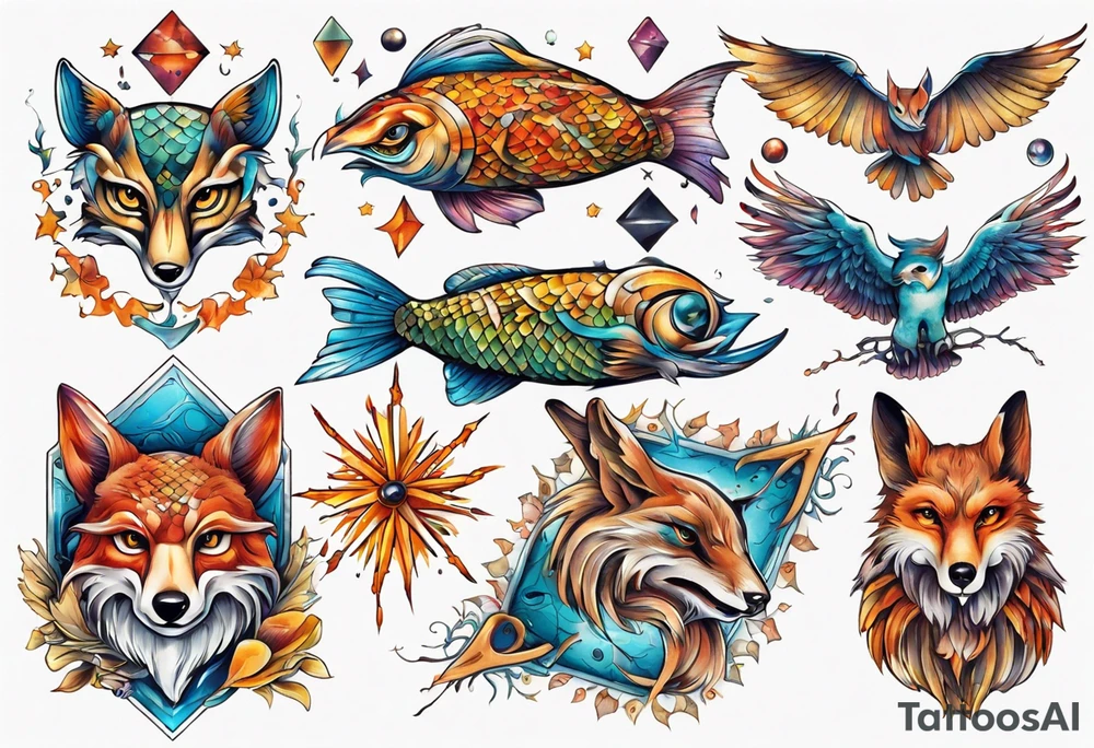 fisch, fuchs und eule , symetrie universum, bunt tattoo idea