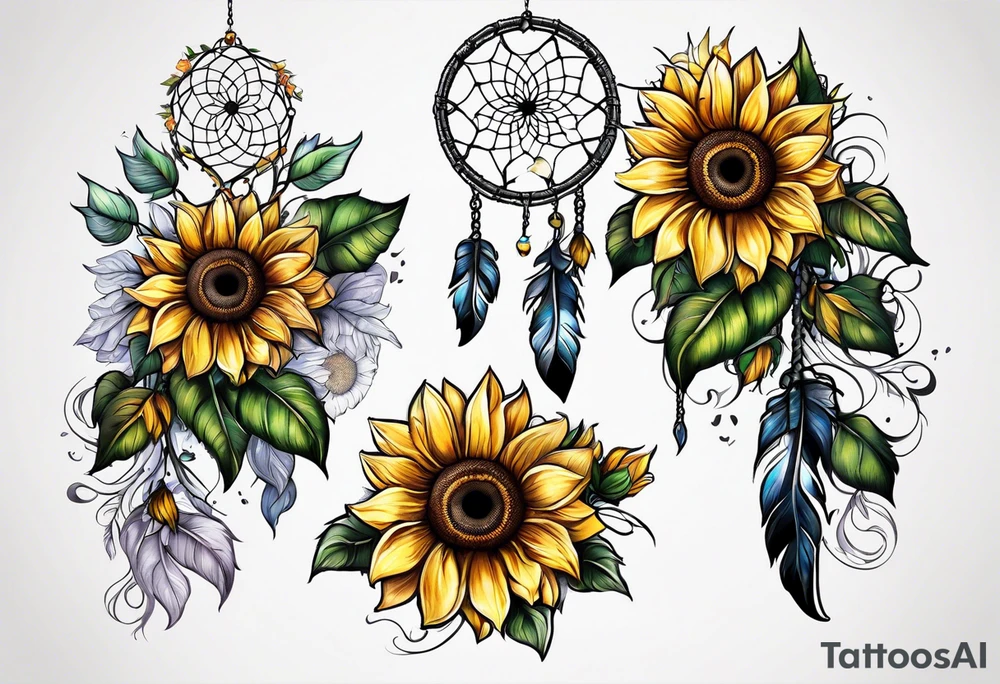 Dreamcatcher and sunflowers forearm sleeve tattoo idea